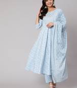 Blue Printed Cotton Kurta Trouser With Dupatta Set