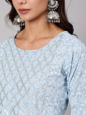 Blue Printed Cotton Kurta Trouser With Dupatta Set 2