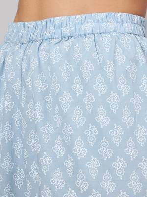 Blue Printed Cotton Kurta Trouser With Dupatta Set 3