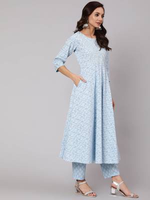 Blue Printed Cotton Kurta Trouser With Dupatta Set 5