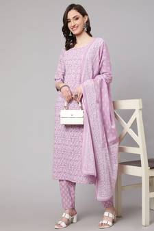 Lavender Printed Cotton Kurta Palazzo With Dupatta Set