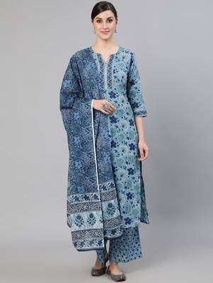 Blue Printed Cotton Kurta Palazzo With Dupatta Set 1