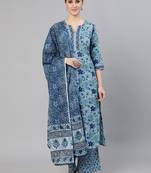 Blue Printed Cotton Kurta Palazzo With Dupatta Set
