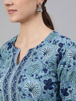 Blue Printed Cotton Kurta Palazzo With Dupatta Set 2