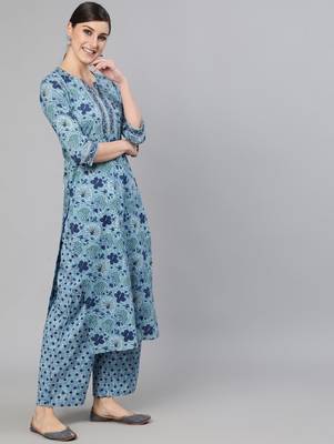 Blue Printed Cotton Kurta Palazzo With Dupatta Set 5