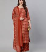 Rust Printed Cotton Kurta Palazzo With Dupatta Set