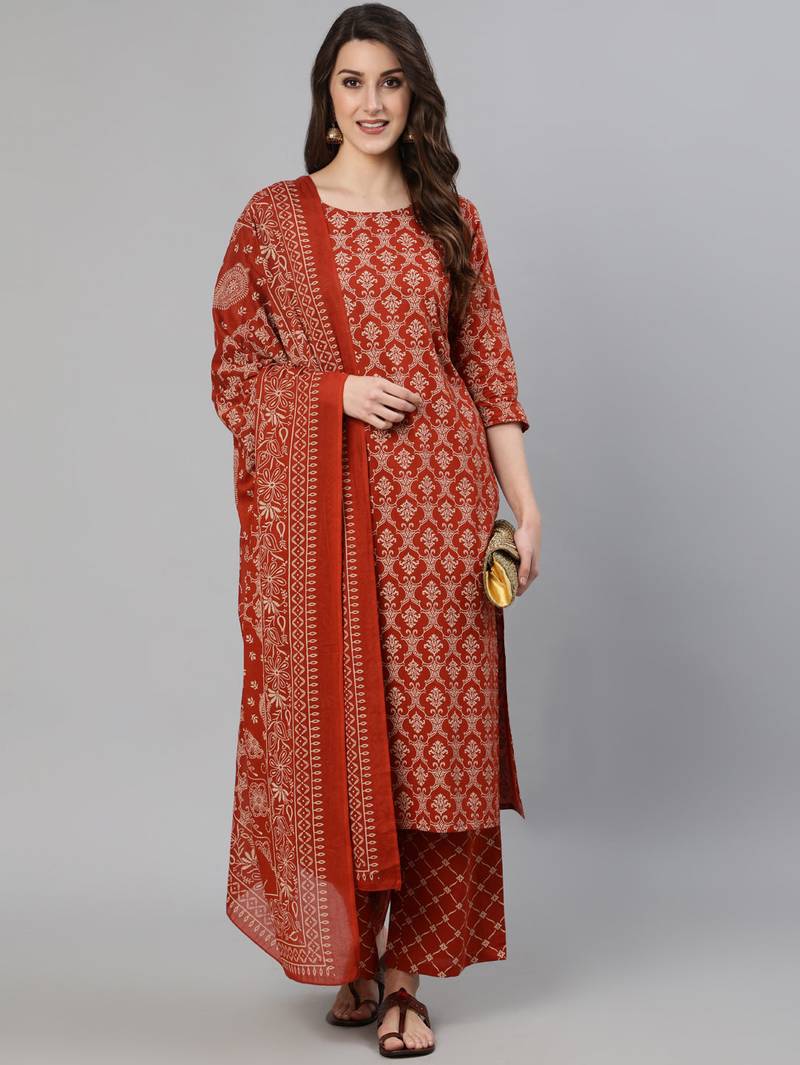 Rust Printed Cotton Kurta Palazzo With Dupatta Set