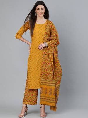 Mustard Printed Cotton Kurta Palazzo With Dupatta Set 1