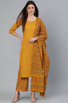 Mustard Printed Cotton Kurta Palazzo With Dupatta Set