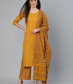 Mustard Printed Cotton Kurta Palazzo With Dupatta Set