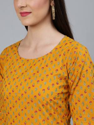 Mustard Printed Cotton Kurta Palazzo With Dupatta Set 2