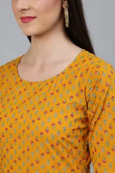 Mustard Printed Cotton Kurta Palazzo With Dupatta Set