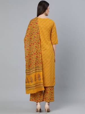 Mustard Printed Cotton Kurta Palazzo With Dupatta Set 3