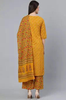 Mustard Printed Cotton Kurta Palazzo With Dupatta Set