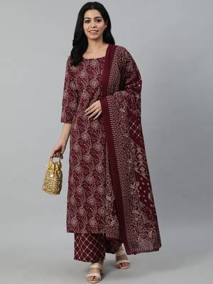 Burgundy Printed Cotton Kurta Palazzo With Dupatta Set 1