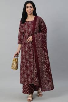 Burgundy Printed Cotton Kurta Palazzo With Dupatta Set