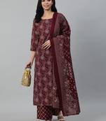 Burgundy Printed Cotton Kurta Palazzo With Dupatta Set