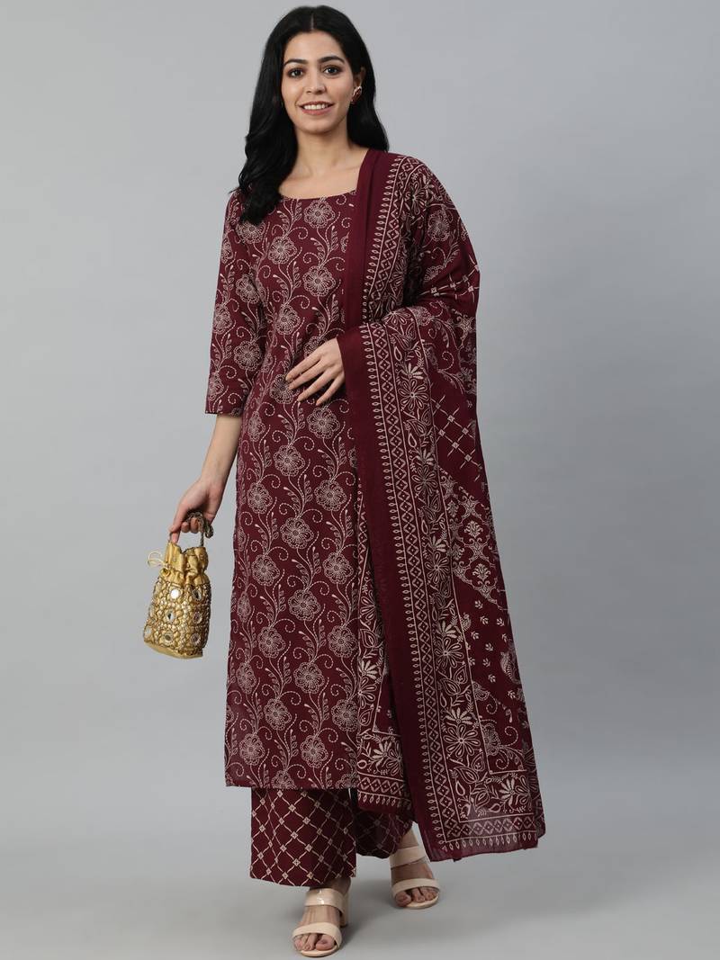 Burgundy Printed Cotton Kurta Palazzo With Dupatta Set