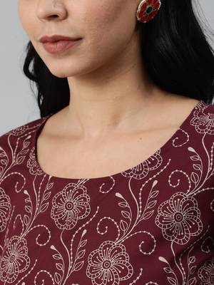 Burgundy Printed Cotton Kurta Palazzo With Dupatta Set 2
