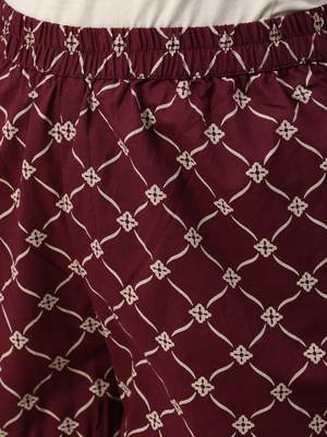 Burgundy Printed Cotton Kurta Palazzo With Dupatta Set 3