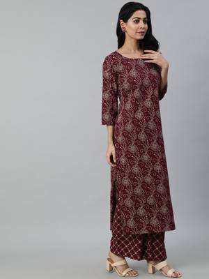 Burgundy Printed Cotton Kurta Palazzo With Dupatta Set 5