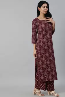 Burgundy Printed Cotton Kurta Palazzo With Dupatta Set