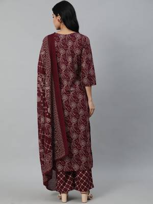 Burgundy Printed Cotton Kurta Palazzo With Dupatta Set 6