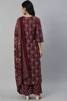 Burgundy Printed Cotton Kurta Palazzo With Dupatta Set
