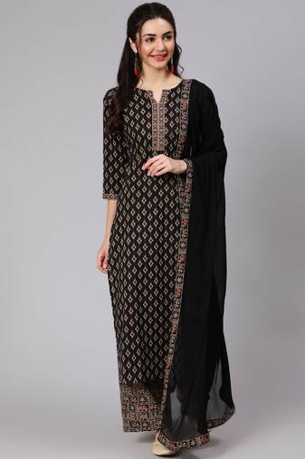 Black Printed Cotton Kurta Palazzo With Dupatta Set