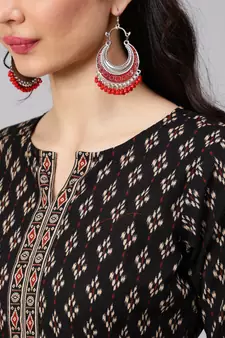 Black Printed Cotton Kurta Palazzo With Dupatta Set