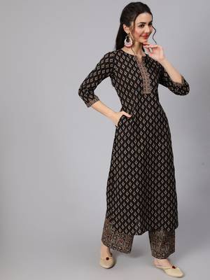 Black Printed Cotton Kurta Palazzo With Dupatta Set 4