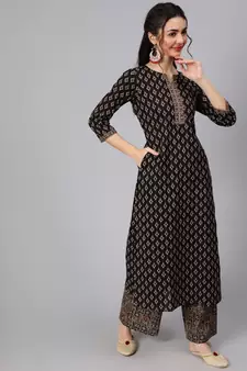 Black Printed Cotton Kurta Palazzo With Dupatta Set