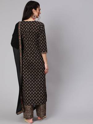 Black Printed Cotton Kurta Palazzo With Dupatta Set 5