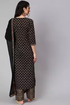 Black Printed Cotton Kurta Palazzo With Dupatta Set