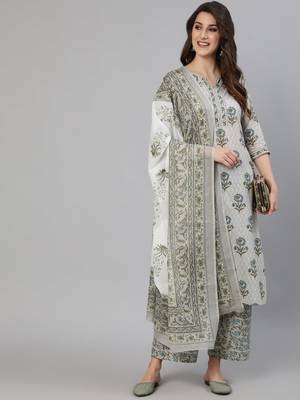 Grey Printed Cotton Kurta Palazzo With Dupatta Set 1