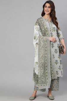 Grey Printed Cotton Kurta Palazzo With Dupatta Set