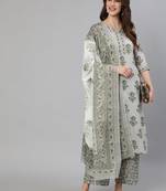 Grey Printed Cotton Kurta Palazzo With Dupatta Set