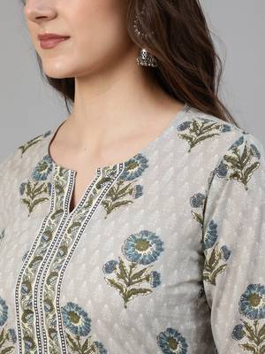 Grey Printed Cotton Kurta Palazzo With Dupatta Set 2