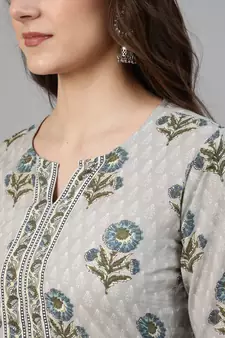 Grey Printed Cotton Kurta Palazzo With Dupatta Set