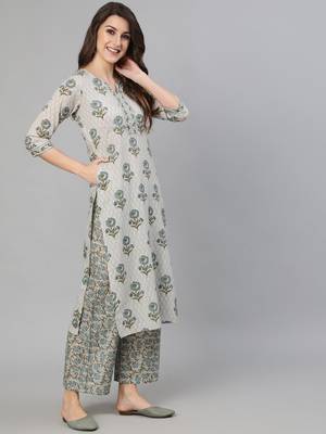 Grey Printed Cotton Kurta Palazzo With Dupatta Set 5