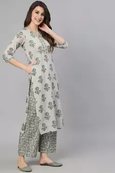 Grey Printed Cotton Kurta Palazzo With Dupatta Set