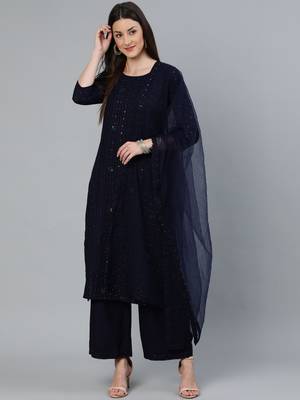 Navy Blue Embroidered Viscose rayon Kurta Palazzo With Dupatta Set 1