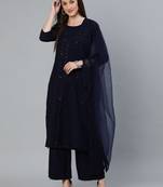 Navy Blue Embroidered Viscose rayon Kurta Palazzo With Dupatta Set