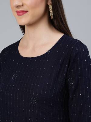 Navy Blue Embroidered Viscose rayon Kurta Palazzo With Dupatta Set 2