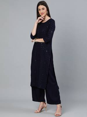 Navy Blue Embroidered Viscose rayon Kurta Palazzo With Dupatta Set 3