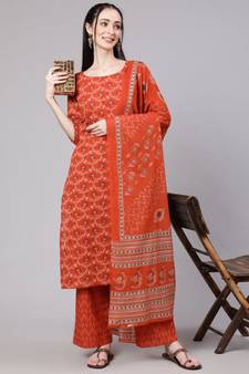 Rust Printed Cotton Kurta Palazzo With Dupatta Set