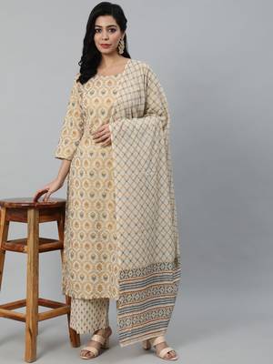 Cream Printed Cotton Kurta Palazzo With Dupatta Set 1