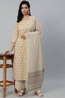 Cream Printed Cotton Kurta Palazzo With Dupatta Set