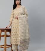 Cream Printed Cotton Kurta Palazzo With Dupatta Set