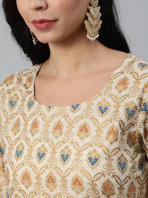 Cream Printed Cotton Kurta Palazzo With Dupatta Set 2